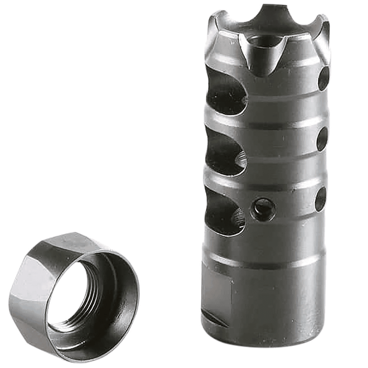 Patriot Ordnance Factory Triple Port Muzzle Brake, Black Nitride Steel with 5/8"-24 tpi Threads for 308 Win 7.62x51mm NATO AR-Platform - 00309 Patriot Ordnance Factory Triple Port Muzzle Brake, Black Nitride Steel with 5/8"-24 tpi Threads for 308 Win 7.62x51mm NATO AR-Platform - 00309