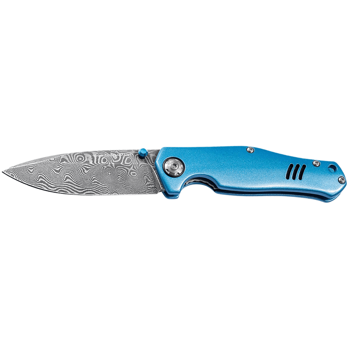 Boker 3.15" Drop Point Damascus Blade with Blue Aluminum Handle - 111101DAM Boker 3.15" Drop Point Damascus Blade with Blue Aluminum Handle - 111101DAM
