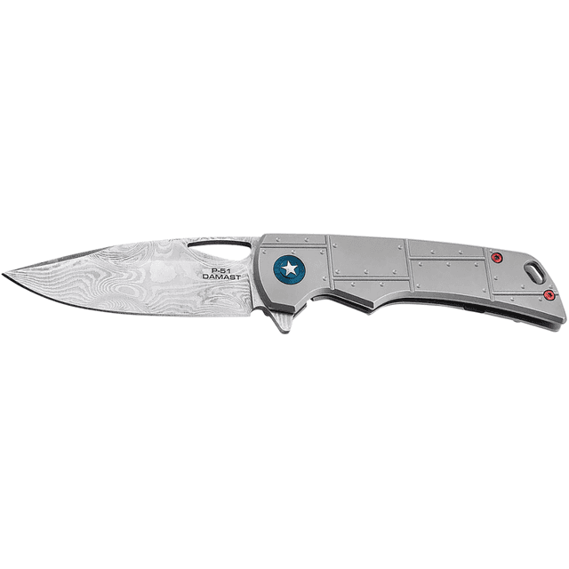Boker P-51 Damast 3.35" Drop Point Damascus Blade with Titanium Handle - 01BO910DAM Boker P-51 Damast 3.35" Drop Point Damascus Blade with Titanium Handle - 01BO910DAM