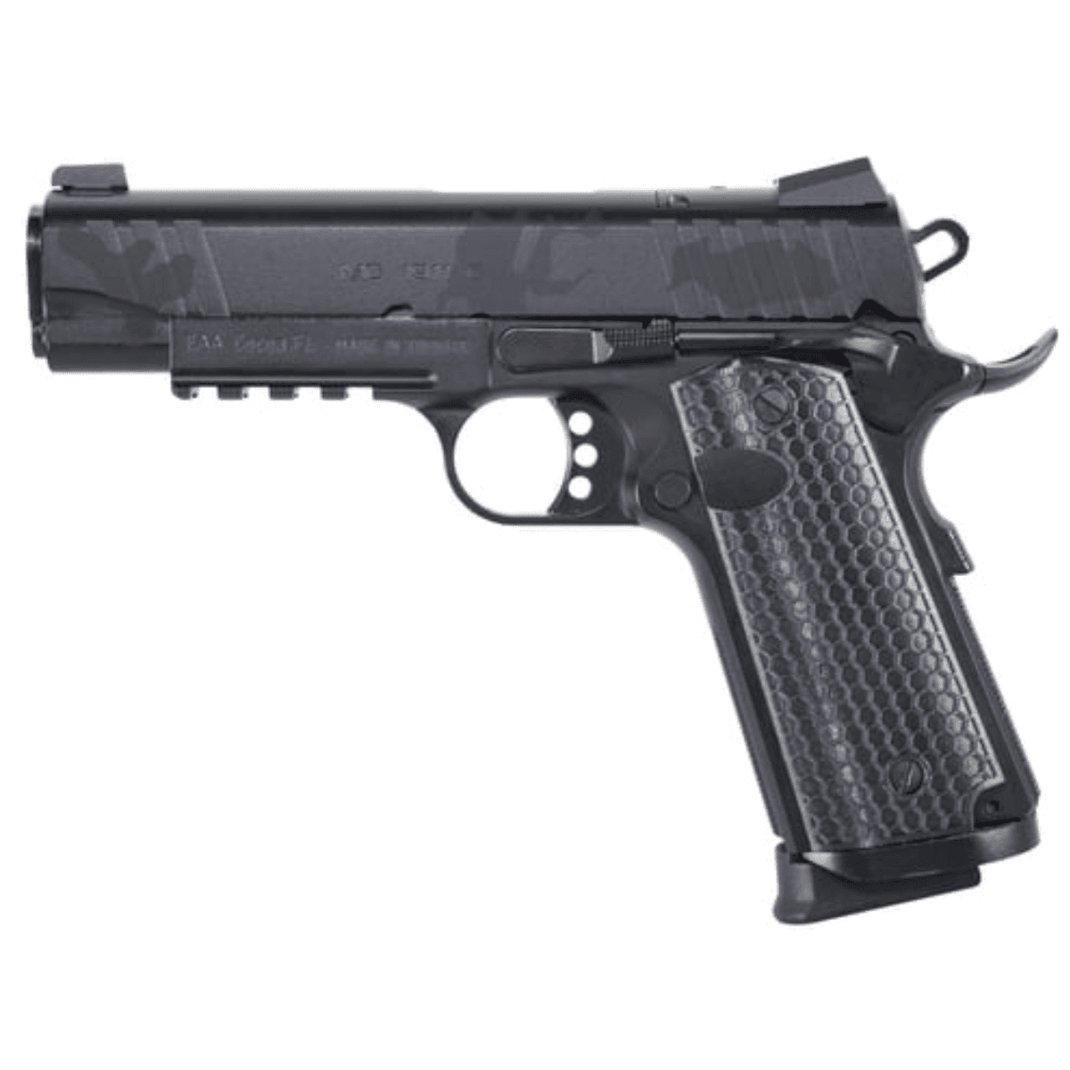 Girsan MC1911 S Influencer Pistol, 5" Black Steel Barrel Black Camo Optic Ready/Serrated Steel Slide & Frame w/Picatinny Rail & Beavertail Black Polymer Grip 9+1rd Full Size 38 Super - 391159 Girsan MC1911 S Influencer Pistol, 5" Black Steel Barrel Black Camo Optic Ready/Serrated Steel Slide & Frame w/Picatinny Rail & Beavertail Black Polymer Grip 9+1rd Full Size 38 Super - 391159