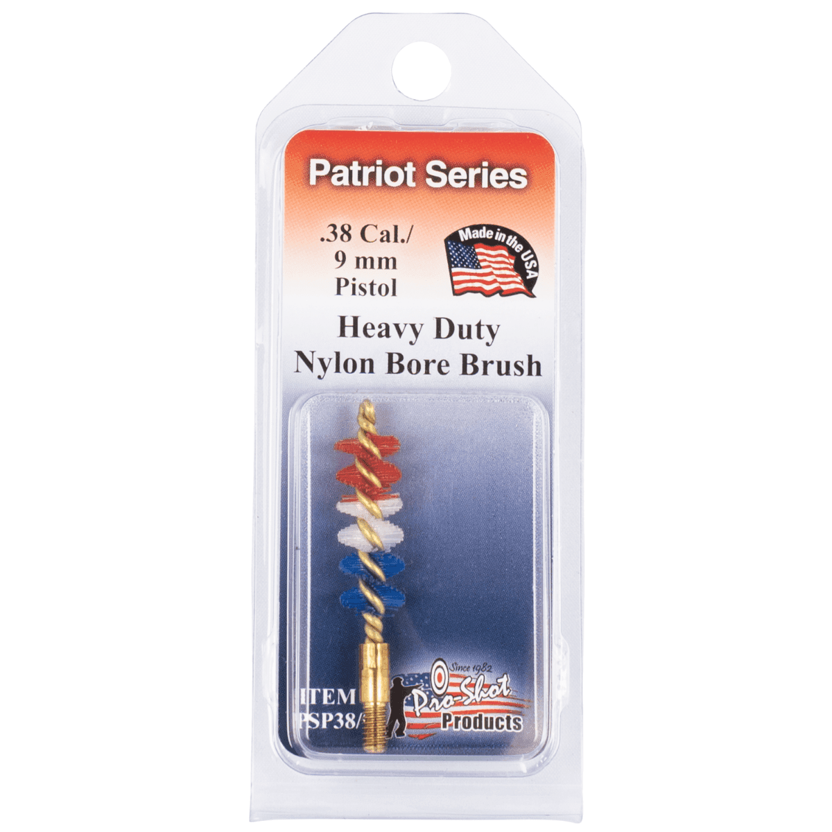 Pro-Shot Patriot Series Bore Brush, #8-32 Thread Nylon Bristles Brass Core .38 Cal/ 9mm Pistol - PSP389 Pro-Shot Patriot Series Bore Brush, #8-32 Thread Nylon Bristles Brass Core .38 Cal/ 9mm Pistol - PSP389