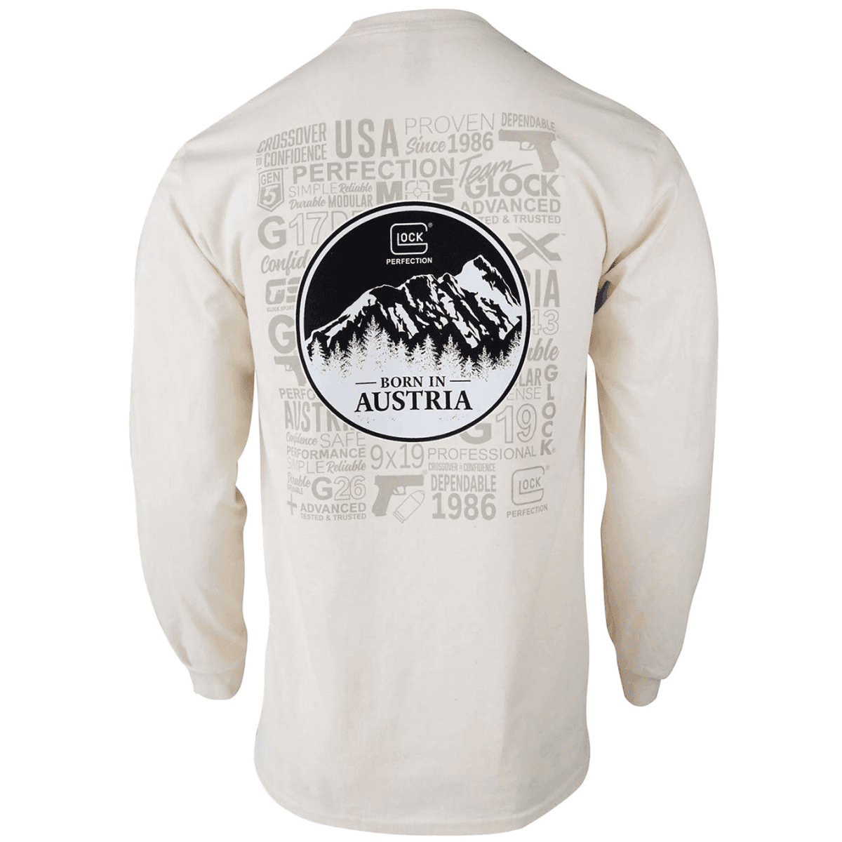 Glock Born In Austria Tee Shirt, Tan Pre-Shrunk Cotton Long Sleeve 2XL - AP96075 Glock Born In Austria Tee Shirt, Tan Pre-Shrunk Cotton Long Sleeve 2XL - AP96075