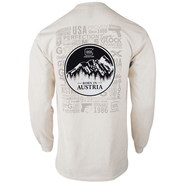 Glock Born In Austria Graphic Tee Shirt, Tan Pre-Shrunk Cotton Long Sleeve XL - AP96074 Glock Born In Austria Graphic Tee Shirt, Tan Pre-Shrunk Cotton Long Sleeve XL - AP96074