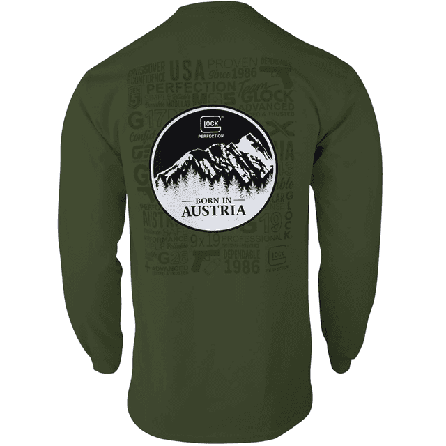 Glock Born In Austria Graphic Tee, Military Green Pre-Shrunk Cotton Long Sleeve 2XL - AP96069 Glock Born In Austria Graphic Tee, Military Green Pre-Shrunk Cotton Long Sleeve 2XL - AP96069