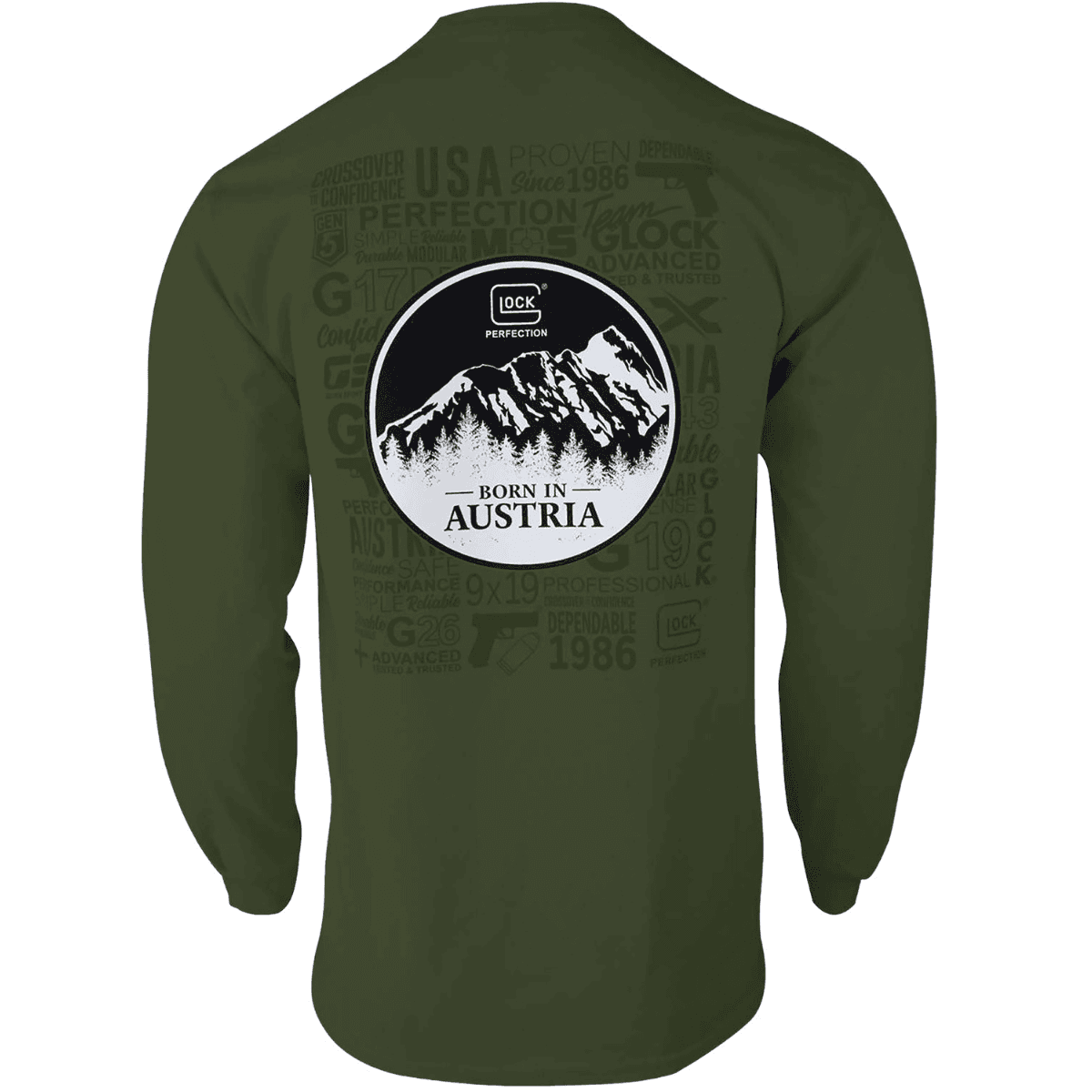 Glock Born In Austria Graphic Tee, Military Green Pre-Shrunk Cotton Long Sleeve 3XL - AP96070 Glock Born In Austria Graphic Tee, Military Green Pre-Shrunk Cotton Long Sleeve 3XL - AP96070