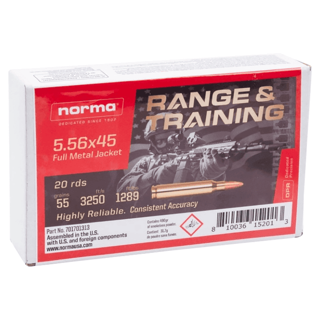 Norma Ammunition Range & Training Rounds, 55gr Full Metal Jacket 20 Per Box/10 Case 5.56x45mm NATO - 701701313 Norma Ammunition Range & Training Rounds, 55gr Full Metal Jacket 20 Per Box/10 Case 5.56x45mm NATO - 701701313