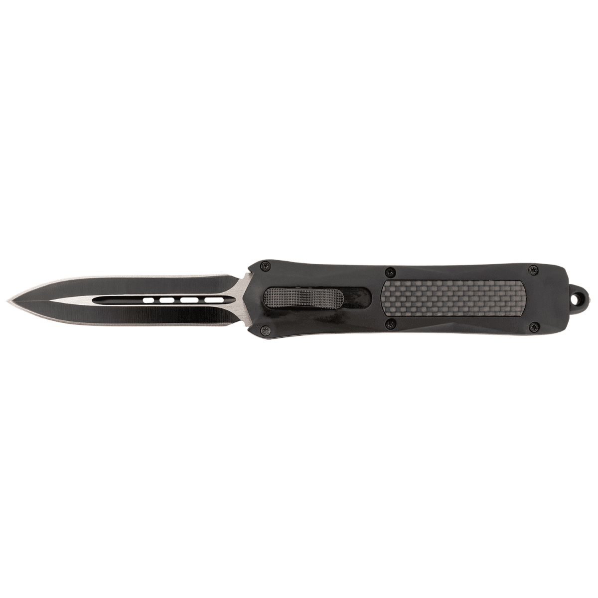 Steel River Spartan 3.5-Inch OTF Dagger Plain 440C SS Blade Black/Silver with Carbon Fiber Inlay Handle - A163BD Steel River Spartan 3.5-Inch OTF Dagger Plain 440C SS Blade Black/Silver with Carbon Fiber Inlay Handle - A163BD