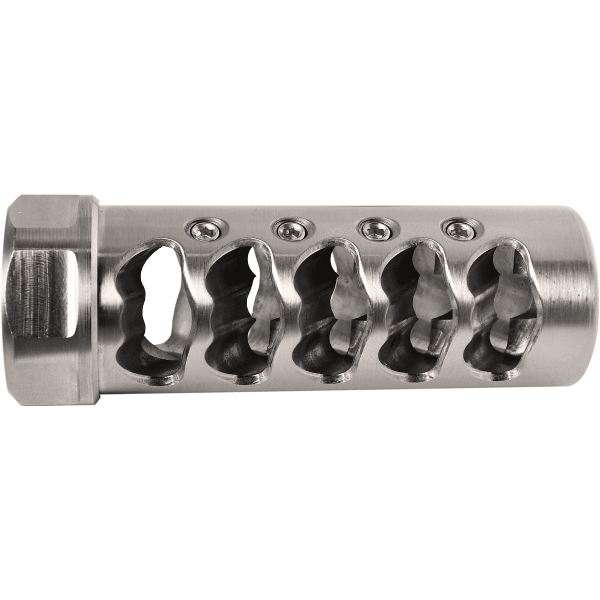 American Precision Arms Gen 4 Fat Bastard Self Timing Muzzle Brakes, Stainless 5/8"x24 Threads 3.30" OAL 1.10" Diameter 6.5mm - G4F5865S American Precision Arms Gen 4 Fat Bastard Self Timing Muzzle Brakes, Stainless 5/8"x24 Threads 3.30" OAL 1.10" Diameter 6.5mm - G4F5865S