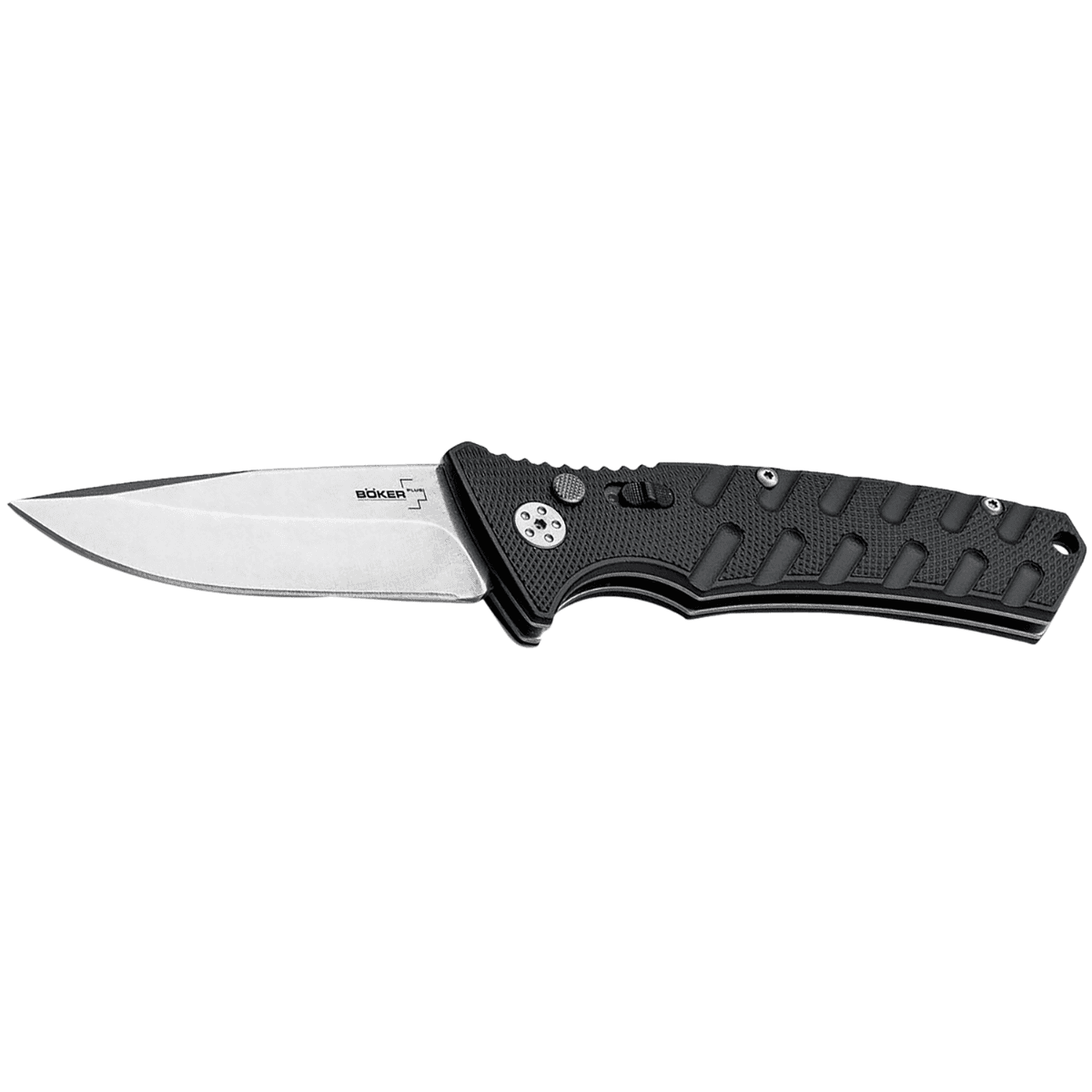 Boker Strike Auto Plus Pocket Knife, 3.35" Drop Point Plain Black D2 Steel Blade Aluminum Handle Pocket Clip - 01BO457 Boker Strike Auto Plus Pocket Knife, 3.35" Drop Point Plain Black D2 Steel Blade Aluminum Handle Pocket Clip - 01BO457