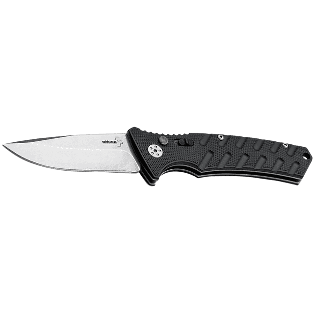 Boker Strike Auto Plus Pocket Knife, 3.35" Drop Point Plain Black D2 Steel Blade Aluminum Handle Pocket Clip - 01BO457 Boker Strike Auto Plus Pocket Knife, 3.35" Drop Point Plain Black D2 Steel Blade Aluminum Handle Pocket Clip - 01BO457