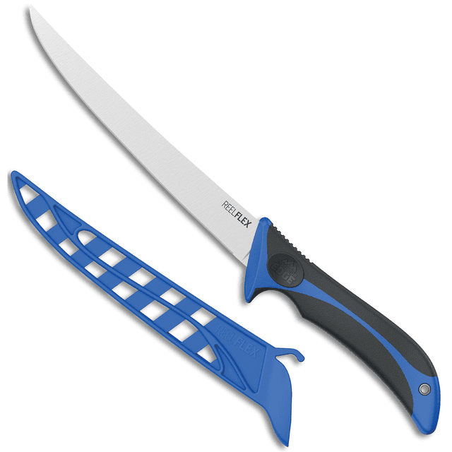 Outdoor Edge ReelFlex Knife, 7.50" Fixed Fillet Plain Satin 4116 SS Blade Blue/Black TPR Handle - RF75C Outdoor Edge ReelFlex Knife, 7.50" Fixed Fillet Plain Satin 4116 SS Blade Blue/Black TPR Handle - RF75C