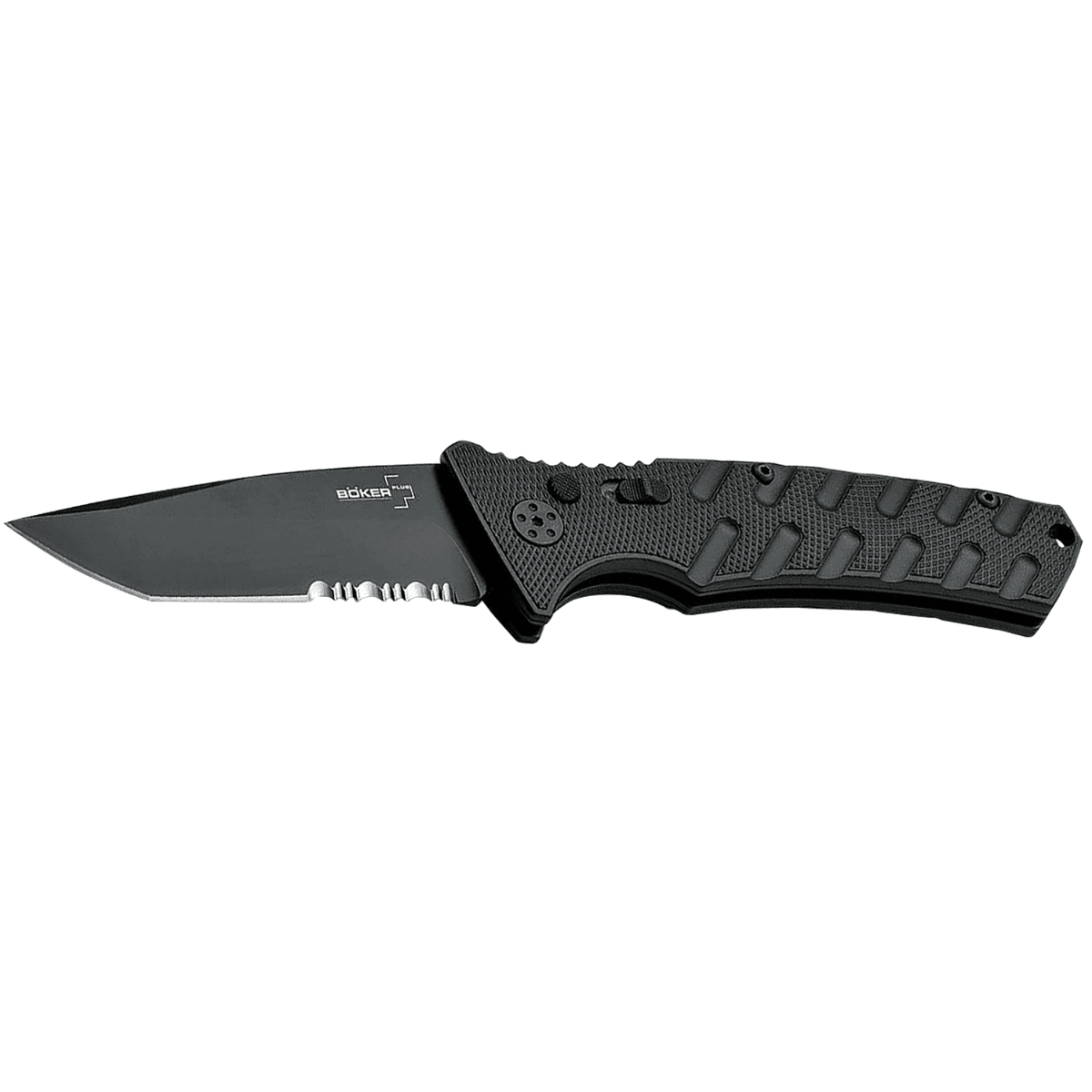 Boker Plus Strike Auto Pocket Knife, 3.35" Tanto Serrated Black D2 Blade Aluminum Handle - 01BO458 Boker Plus Strike Auto Pocket Knife, 3.35" Tanto Serrated Black D2 Blade Aluminum Handle - 01BO458