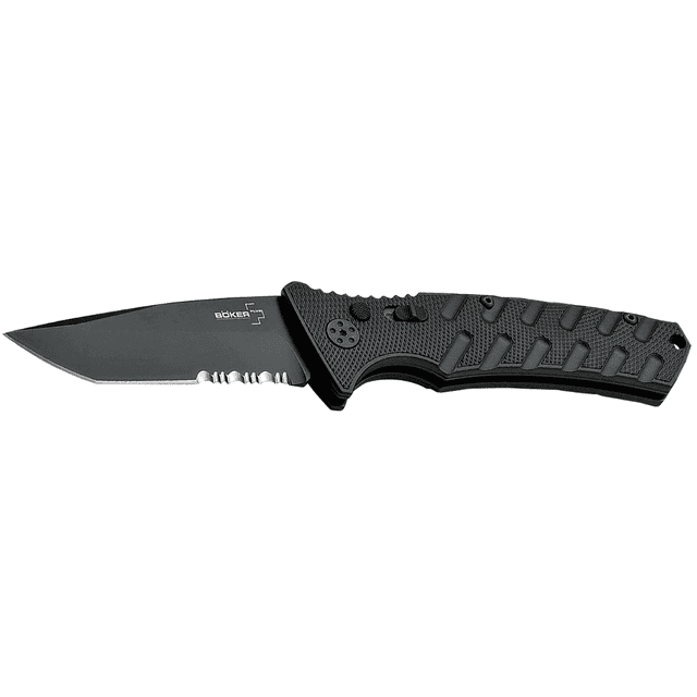 Boker Plus Strike Auto Pocket Knife, 3.35" Tanto Serrated Black D2 Blade Aluminum Handle - 01BO458 Boker Plus Strike Auto Pocket Knife, 3.35" Tanto Serrated Black D2 Blade Aluminum Handle - 01BO458