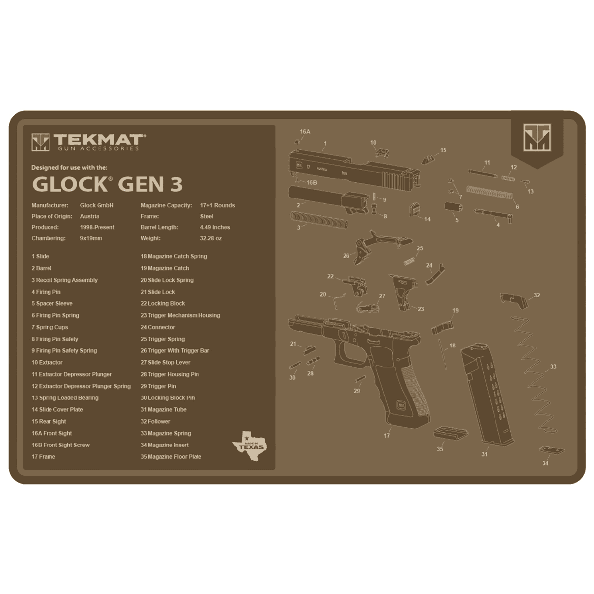 TekMat Glock Gen 3 Cleaning Mat, FDE Rubber Oil/Water Resistant 11" x 17" - TEKR17GLOCKG3FDE TekMat Glock Gen 3 Cleaning Mat, FDE Rubber Oil/Water Resistant 11" x 17" - TEKR17GLOCKG3FDE