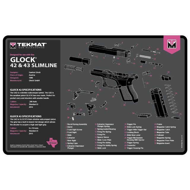 TekMat Glock Gen 3 Cleaning Mat, Pink Rubber Oil/Water Resistant 11" x 17" - TEKR17GLOCKG3PNK TekMat Glock Gen 3 Cleaning Mat, Pink Rubber Oil/Water Resistant 11" x 17" - TEKR17GLOCKG3PNK