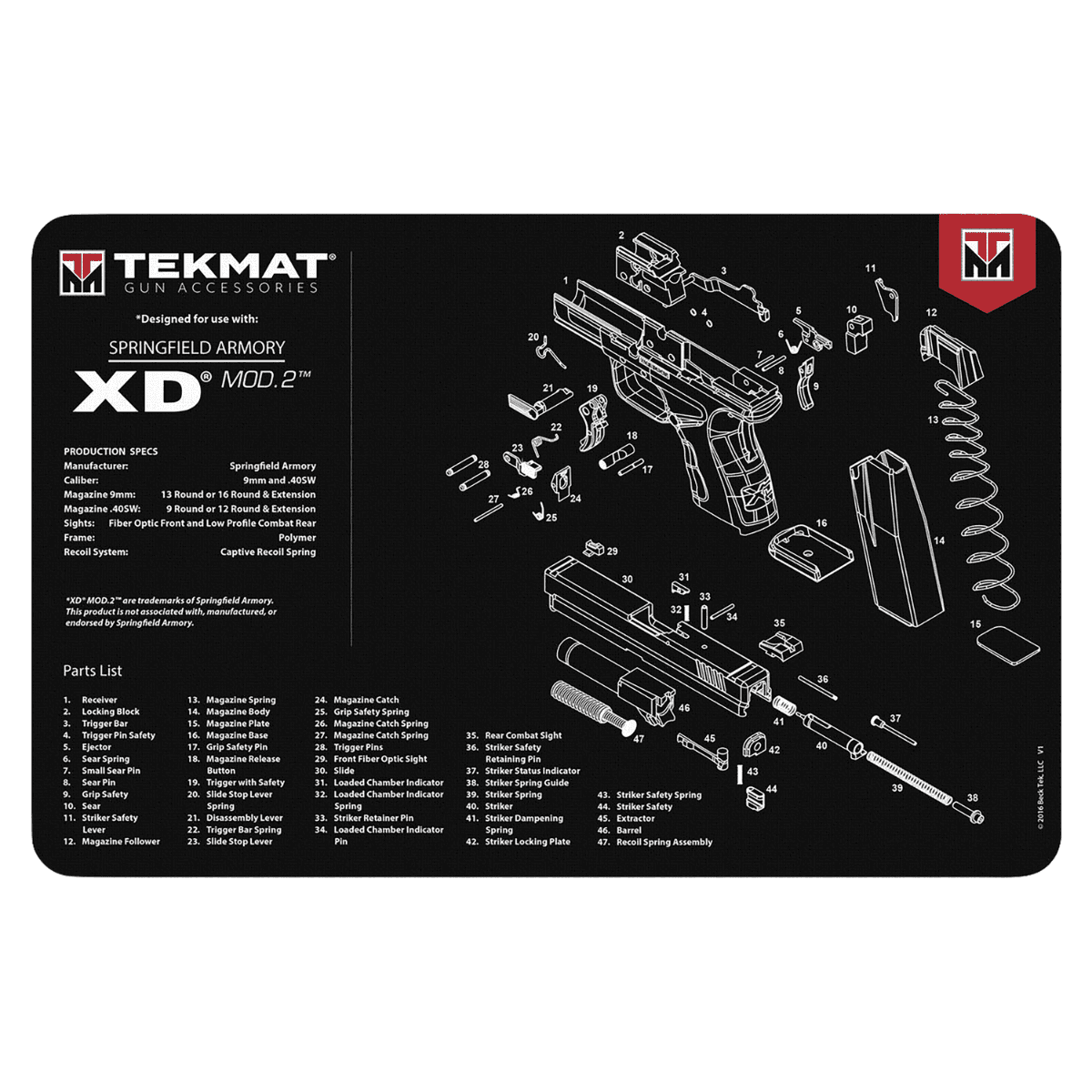 TekMat Springfield Armory XD MOD 2 Cleaning Mat, Black/White Rubber Oil/Water Resistant 11" x 17" - TEKR17XDMOD2 TekMat Springfield Armory XD MOD 2 Cleaning Mat, Black/White Rubber Oil/Water Resistant 11" x 17" - TEKR17XDMOD2