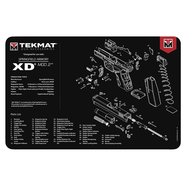 TekMat Springfield Armory XD MOD 2 Cleaning Mat, Black/White Rubber Oil/Water Resistant 11" x 17" - TEKR17XDMOD2 TekMat Springfield Armory XD MOD 2 Cleaning Mat, Black/White Rubber Oil/Water Resistant 11" x 17" - TEKR17XDMOD2