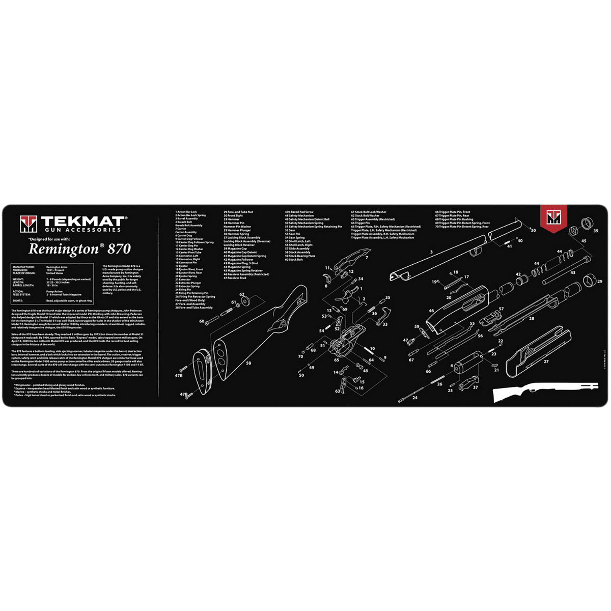 TekMat Remington 870 Cleaning Mat, Black/White Rubber Oil/Water Resistant 12" x 36" - TEKR36REM870 TekMat Remington 870 Cleaning Mat, Black/White Rubber Oil/Water Resistant 12" x 36" - TEKR36REM870