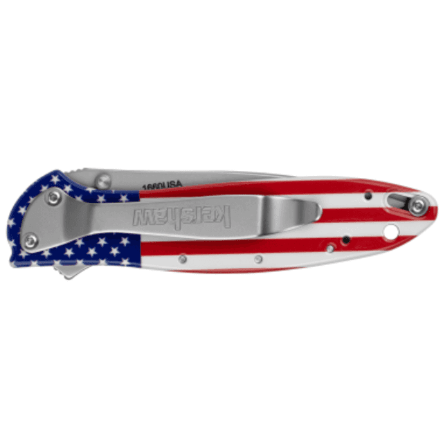 Kershaw Leek USA Knife, EDC 3" Folding Drop Point Plain Bead Blasted 14C28N Steel Blade Red/White/Blue Flag Aluminum Handle - 1660USA Kershaw Leek USA Knife, EDC 3" Folding Drop Point Plain Bead Blasted 14C28N Steel Blade Red/White/Blue Flag Aluminum Handle - 1660USA