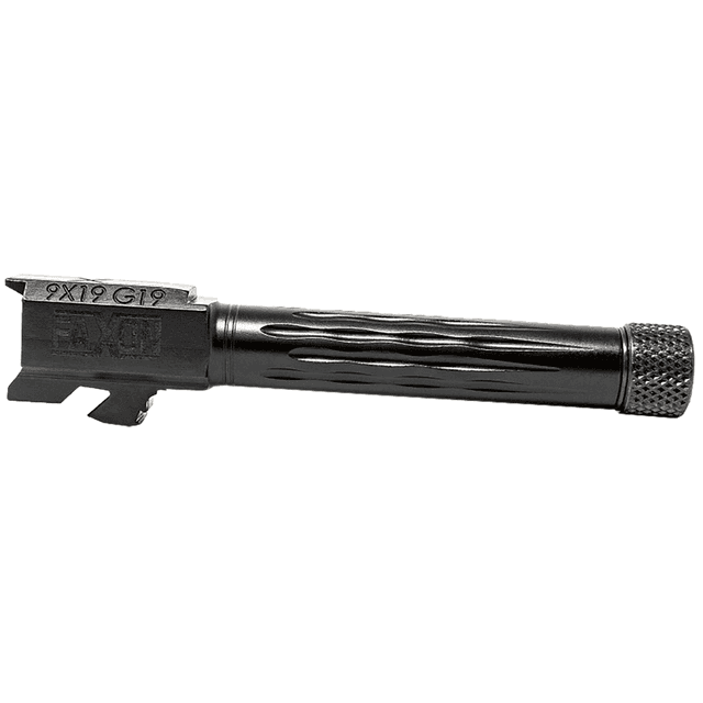 Faxon Firearms Match Series Barrel, Black Nitride 416R Stainless Steel Flame Fluted/Target Crown Barrel 9mm Luger Compatible w/Glock 45 Glock 19 Gen2-5 - GB910N19LGQT Faxon Firearms Match Series Barrel, Black Nitride 416R Stainless Steel Flame Fluted/Target Crown Barrel 9mm Luger Compatible w/Glock 45 Glock 19 Gen2-5 - GB910N19LGQT