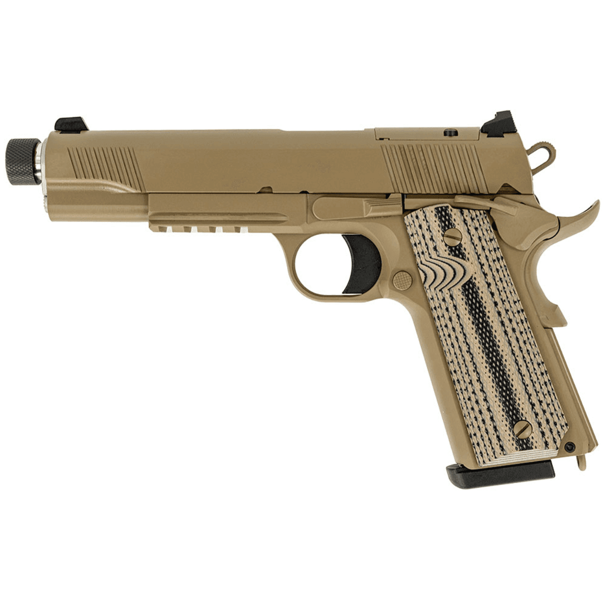 Tisas 1911 B45RGD TH Pistol, 5" Forged & Machined Barrel FDE Cerakote Black/FDE G10 Textured Grip RMSc / Holosun K .45 ACP - 10100565 Tisas 1911 B45RGD TH Pistol, 5" Forged & Machined Barrel FDE Cerakote Black/FDE G10 Textured Grip RMSc / Holosun K .45 ACP - 10100565