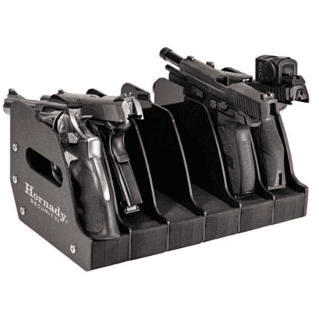 Hornady 6 Gun Pistol Rack, Black Metal w/Foam and Plastic Dividers Holds 6 Pistols Compact Pistols / Full Size Handguns / Revolvers / Semi-Autos - 95832 Hornady 6 Gun Pistol Rack, Black Metal w/Foam and Plastic Dividers Holds 6 Pistols Compact Pistols / Full Size Handguns / Revolvers / Semi-Autos - 95832