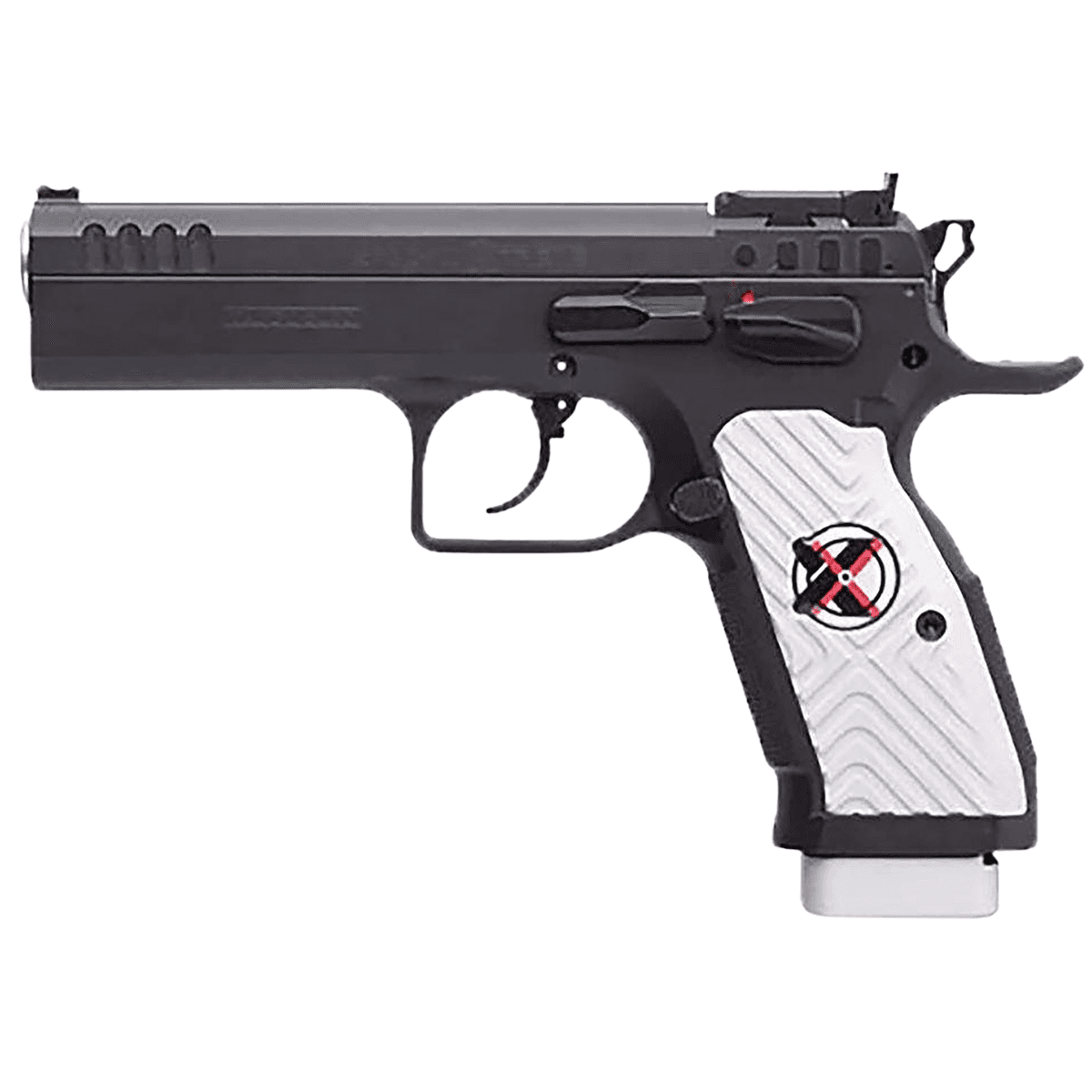 Tanfoglio IFG Xtreme Stock II Pistol, 4.44" Black Polygonal Rifled Barrel Black Serrated Slide Black Steel Frame w/Beavertail White Polymer Grip 16+1/17+1 9mm Luger - TFSTOCK2X9 Tanfoglio IFG Xtreme Stock II Pistol, 4.44" Black Polygonal Rifled Barrel Black Serrated Slide Black Steel Frame w/Beavertail White Polymer Grip 16+1/17+1 9mm Luger - TFSTOCK2X9