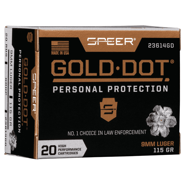 Speer 23614GD Gold Dot Personal Protection 9mm Luger 115gr Hollow Point 20 Per Box Speer 23614GD Gold Dot Personal Protection 9mm Luger 115gr Hollow Point 20 Per Box