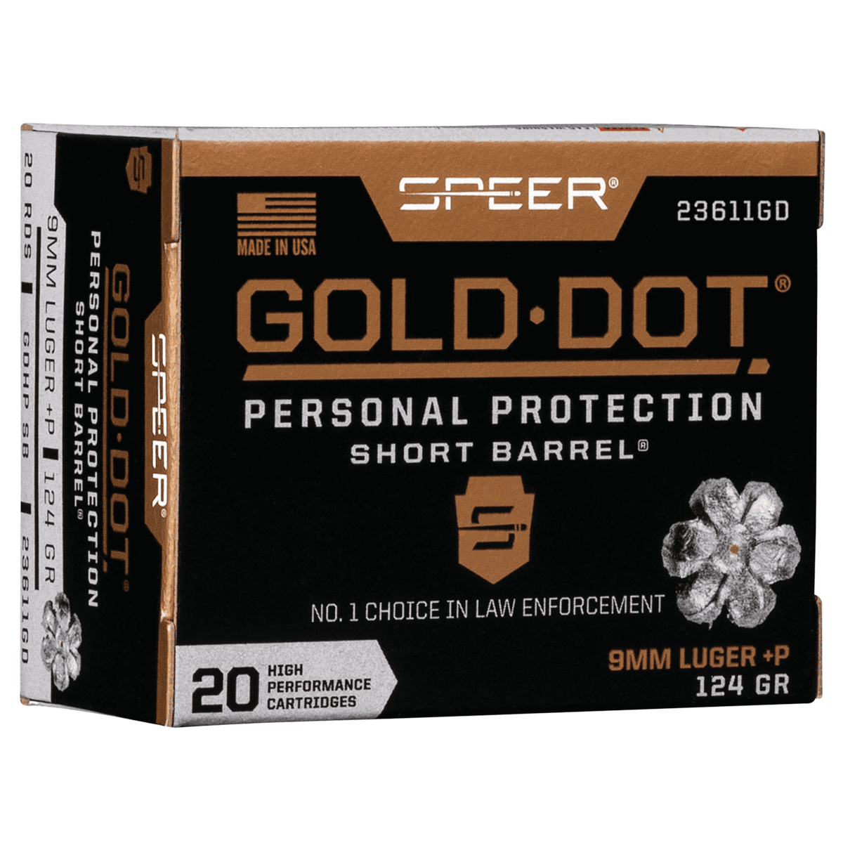 Speer 23611GD Gold Dot Personal Protection Short Barrel 9mm Luger +P 124gr Hollow Point 20 Per Box Speer 23611GD Gold Dot Personal Protection Short Barrel 9mm Luger +P 124gr Hollow Point 20 Per Box