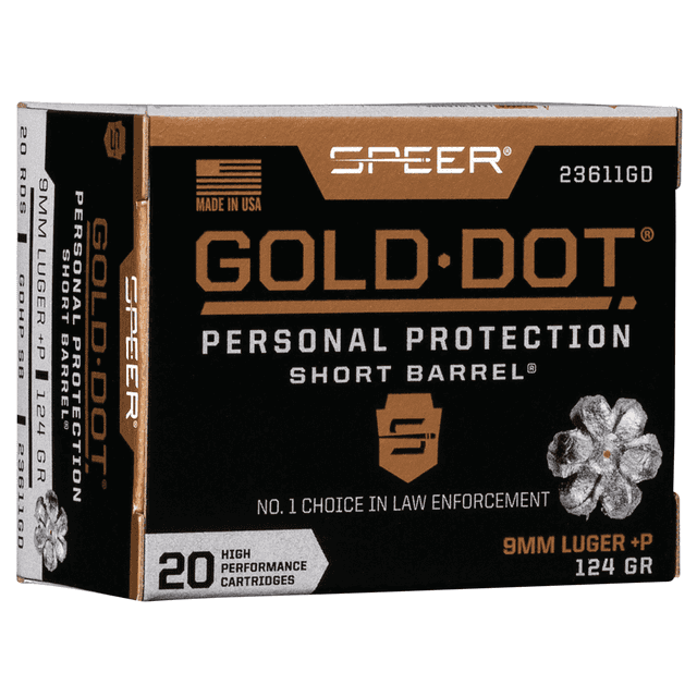 Speer 23611GD Gold Dot Personal Protection Short Barrel 9mm Luger +P 124gr Hollow Point 20 Per Box Speer 23611GD Gold Dot Personal Protection Short Barrel 9mm Luger +P 124gr Hollow Point 20 Per Box