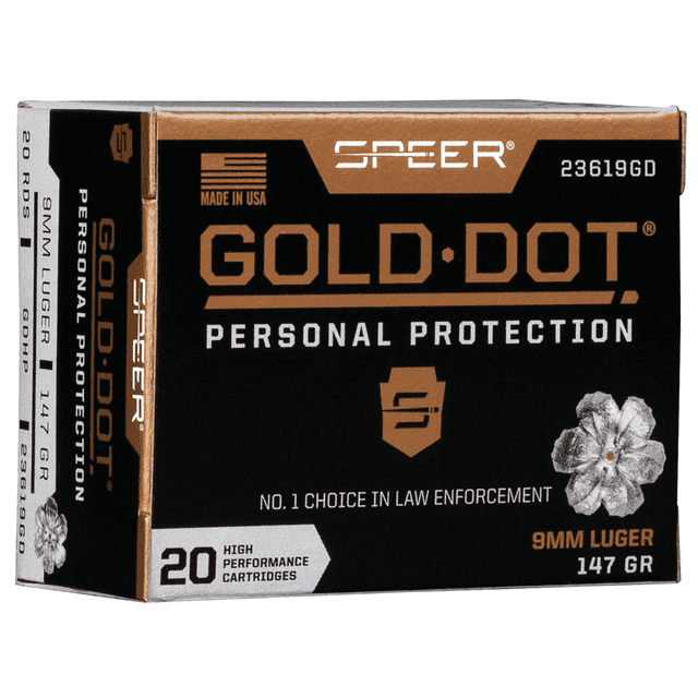 Speer 23619GD Gold Dot Personal Protection 9mm Luger 147gr Hollow Point 20 Per Box Speer 23619GD Gold Dot Personal Protection 9mm Luger 147gr Hollow Point 20 Per Box