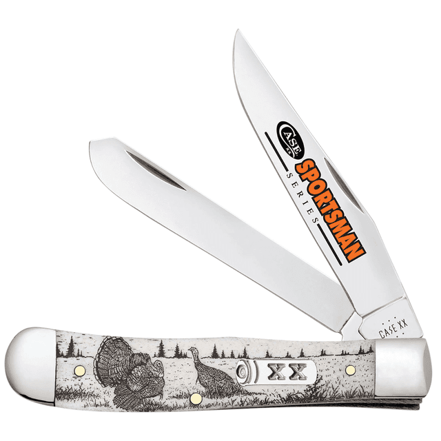 Case Trapper Sportsman Knife, 3.24" / 3.27" L Folding Clip Point/Spey Plain Mirror Polished Tru-Sharp SS Blade/Turkey Embellished Natural Bone Handle - 81221 Case Trapper Sportsman Knife, 3.24" / 3.27" L Folding Clip Point/Spey Plain Mirror Polished Tru-Sharp SS Blade/Turkey Embellished Natural Bone Handle - 81221