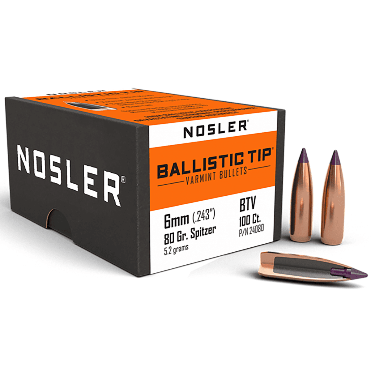Nosler Ballistic Tip Bullets, 80gr Spitzer Point Small Game / Varmint 100/Box 6mm - 24080 Nosler Ballistic Tip Bullets, 80gr Spitzer Point Small Game / Varmint 100/Box 6mm - 24080
