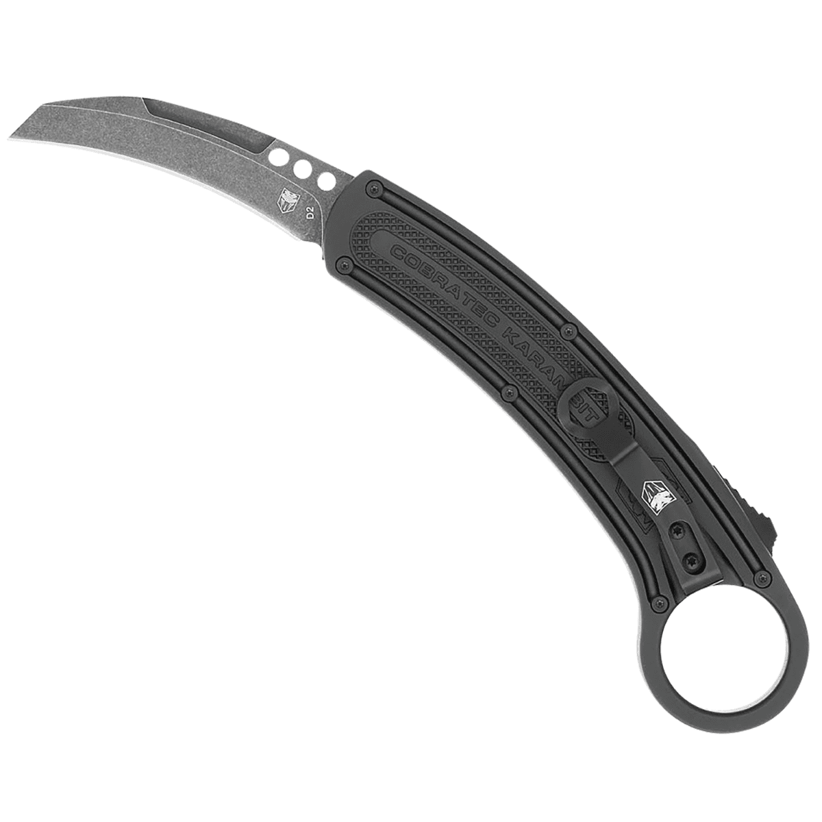 CobraTec Knives Karambit Automatic Knife, 2.75" OTF Plain Stonewashed D2 Steel Blade 5.88" Anodized Aluminum Black w / Finger Ring Right Hand - CTBKRH CobraTec Knives Karambit Automatic Knife, 2.75" OTF Plain Stonewashed D2 Steel Blade 5.88" Anodized Aluminum Black w / Finger Ring Right Hand - CTBKRH