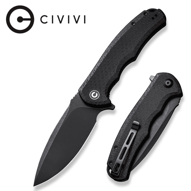 Civivi Knives Praxis Knife, 3.75" Folding Plain Black Stonewashed 9Cr18MoV SS Blade Black Textured Micarta Handle - C803G Civivi Knives Praxis Knife, 3.75" Folding Plain Black Stonewashed 9Cr18MoV SS Blade Black Textured Micarta Handle - C803G