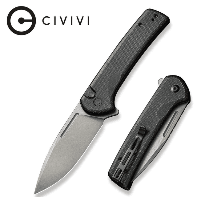 Civivi Knives Conspirator Knife, 3.48" Folding Plain Gray Stonewashed Nitro-V Steel Blade Black Textured Micarta Handle - C21006-1 Civivi Knives Conspirator Knife, 3.48" Folding Plain Gray Stonewashed Nitro-V Steel Blade Black Textured Micarta Handle - C21006-1