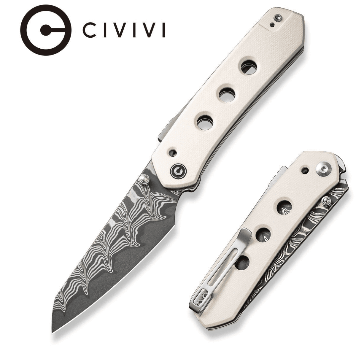 Civivi Knives Vision FG Knife, 3.54" Folding Reverse Tanto Plain Damascus Blade Ivory G10 Handle - C22036-DS1 Civivi Knives Vision FG Knife, 3.54" Folding Reverse Tanto Plain Damascus Blade Ivory G10 Handle - C22036-DS1