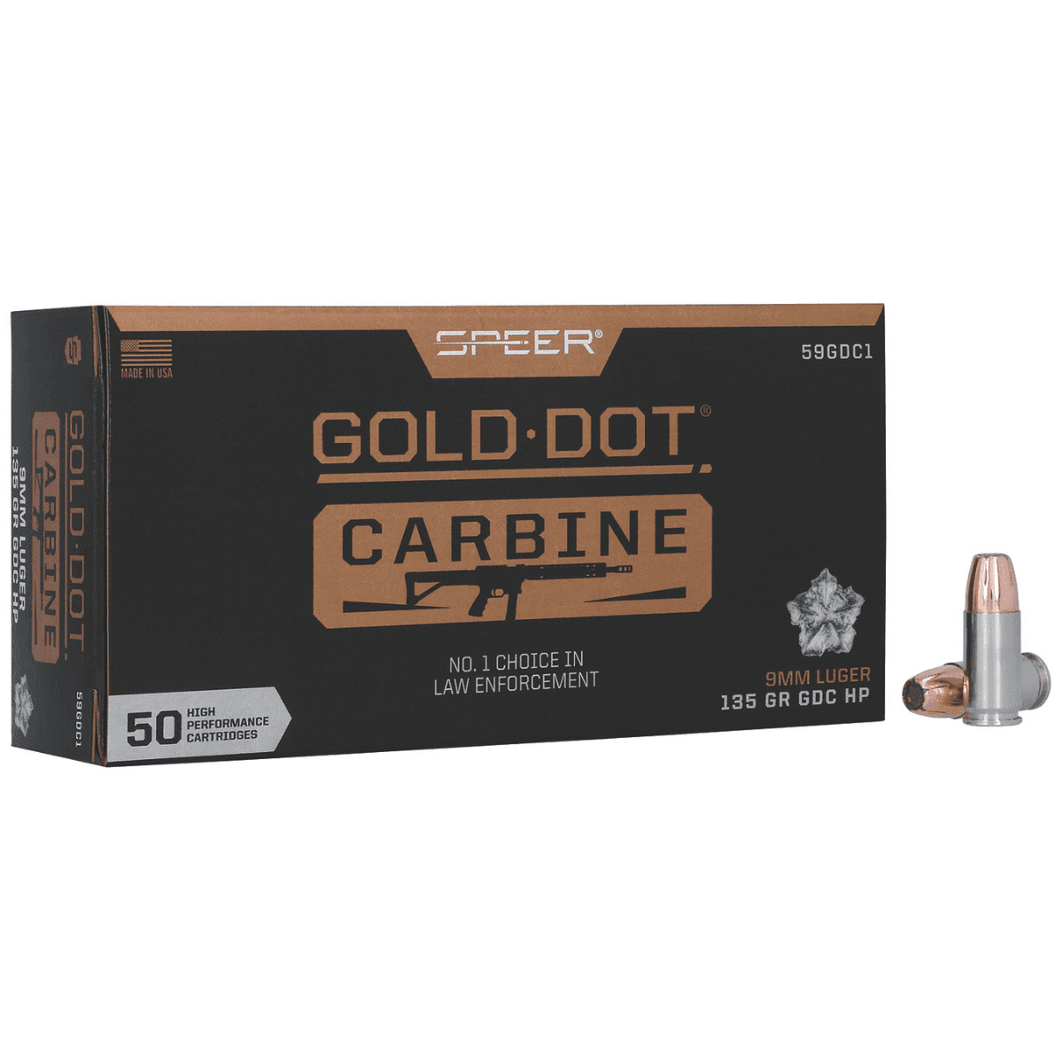 Speer Gold Dot Ammo, 135gr Hollow Point 50 Per Box/20 Case 9mm Luger - 59GDC1 Speer Gold Dot Ammo, 135gr Hollow Point 50 Per Box/20 Case 9mm Luger - 59GDC1
