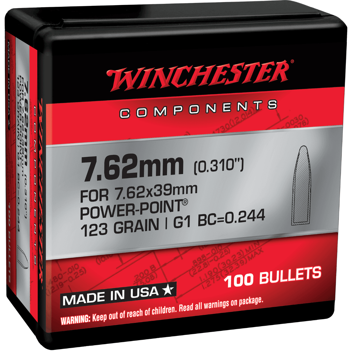 Winchester Ammo Centerfire Rifle Bullets, 123gr Power Point 100 Per Box/10 Case 7.62x39mm - WB762P123X Winchester Ammo Centerfire Rifle Bullets, 123gr Power Point 100 Per Box/10 Case 7.62x39mm - WB762P123X