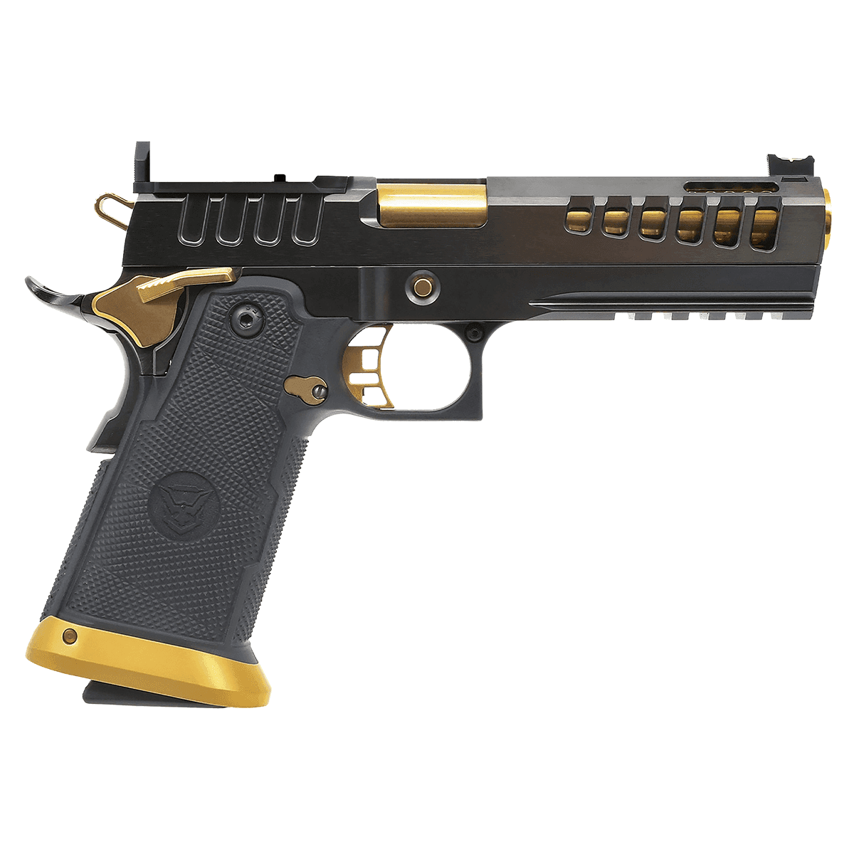 Watchtower Firearms DEMOLITIA9MM5GLD Demolitia Full Size Frame 9mm Luger 20+1/17+1 5" Gold Pistol Watchtower Firearms DEMOLITIA9MM5GLD Demolitia Full Size Frame 9mm Luger 20+1/17+1 5" Gold Pistol