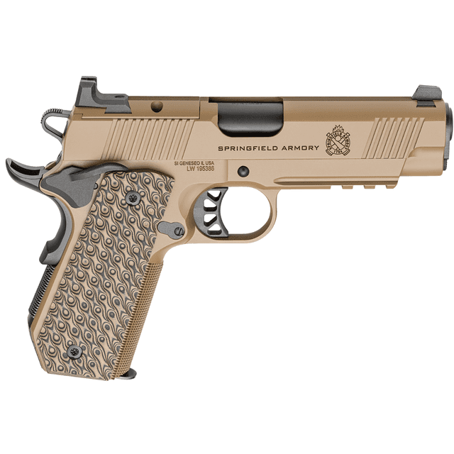 Springfield Armory 1911 TRP AOS Pistol, 4.25" Black Match Grade Barrel Coyote Brown Cerakote Optic Ready/Serrated Carbon Steel Slide & Frame w/Beavertail & Picatinny Rail VZ Hydra G10 Grip 3 Mags Carry 9+1rd 9mm Luger - PC9127LRCBCCAOS Springfield Armory 1911 TRP AOS Pistol, 4.25" Black Match Grade Barrel Coyote Brown Cerakote Optic Ready/Serrated Carbon Steel Slide & Frame w/Beavertail & Picatinny Rail VZ Hydra G10 Grip 3 Mags Carry 9+1rd 9mm Luger - PC9127LRCBCCAOS