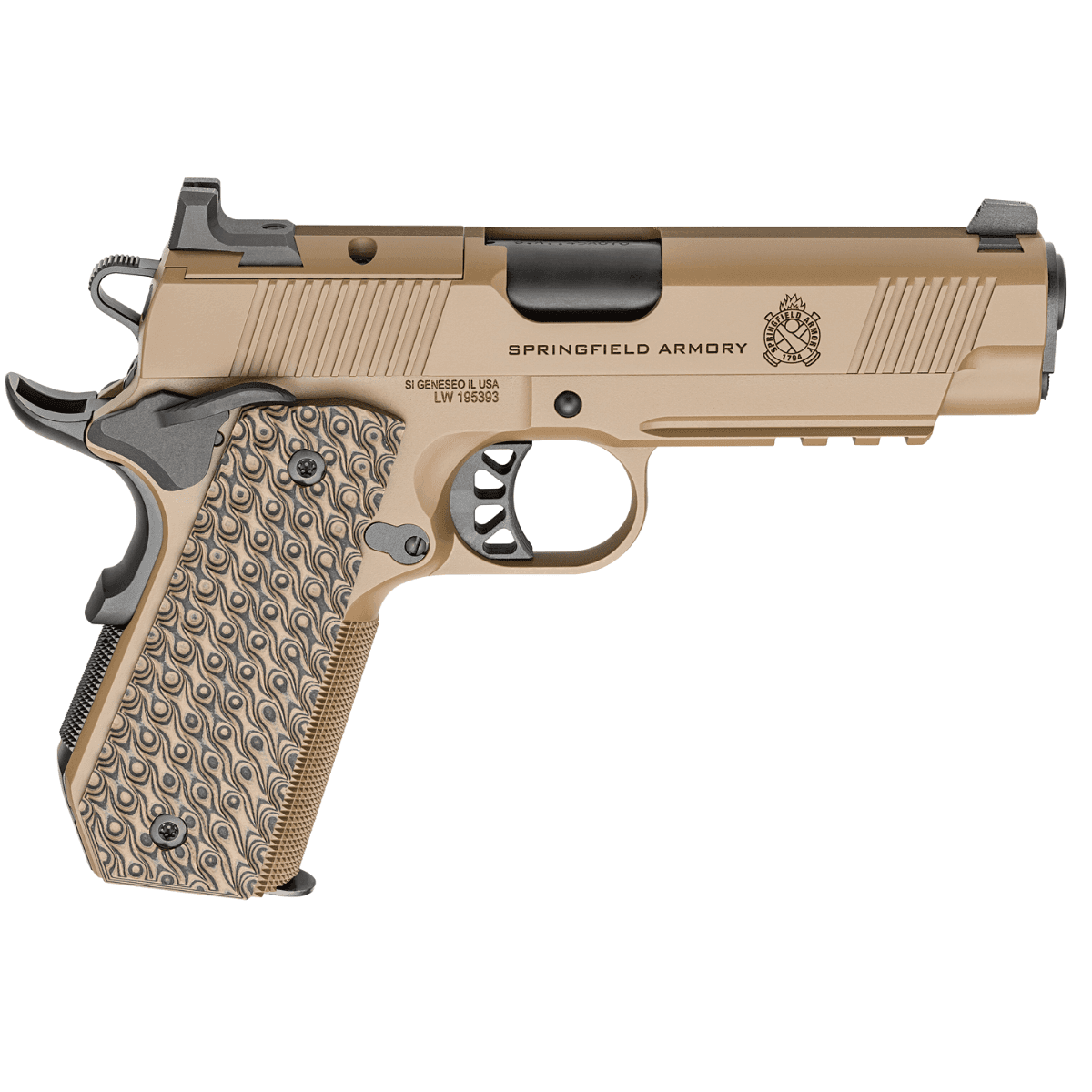 Springfield Armory 1911 TRP AOS Pistol, 4.25" Black Match Grade Barrel Coyote Brown Cerakote Optic Ready/Serrated Carbon Steel Slide&Frame w/Beavertail&Picatinny Rail VZ Hydra G10 Grip 3 Mags Carry 7+1 45 ACP - PC9124LRCBCCAOS Springfield Armory 1911 TRP AOS Pistol, 4.25" Black Match Grade Barrel Coyote Brown Cerakote Optic Ready/Serrated Carbon Steel Slide&Frame w/Beavertail&Picatinny Rail VZ Hydra G10 Grip 3 Mags Carry 7+1 45 ACP - PC9124LRCBCCAOS