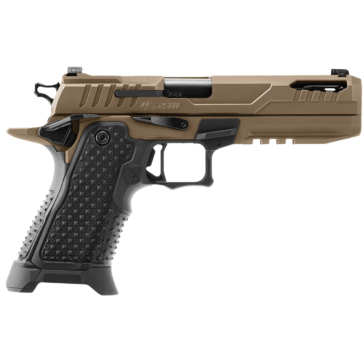 Oa Defense 2311 Pro Elite w/Kit Pistol, 5" Black DLC Ported Barrel High Desert Lightening Cut/Optic Cut/Serrated Stainless Steel Slide High Desert Aluminum Frame w/Picatinny Rail Black Metal Module Grip Full Size 21+1 9mm - OA2311FPROELTHDBPRT21 Oa Defense 2311 Pro Elite w/Kit Pistol, 5" Black DLC Ported Barrel High Desert Lightening Cut/Optic Cut/Serrated Stainless Steel Slide High Desert Aluminum Frame w/Picatinny Rail Black Metal Module Grip Full Size 21+1 9mm - OA2311FPROELTHDBPRT21