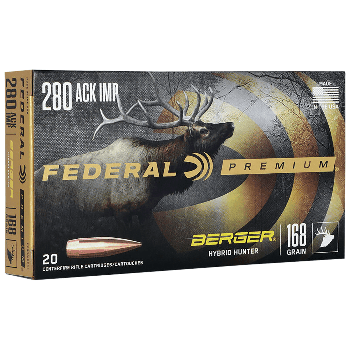 Federal Premium Rifle Cartridges, 168gr Berger Hybrid Hunter 20 Per Box/10 Case 280Ackley Improved - P280AIBCH1 Federal Premium Rifle Cartridges, 168gr Berger Hybrid Hunter 20 Per Box/10 Case 280Ackley Improved - P280AIBCH1