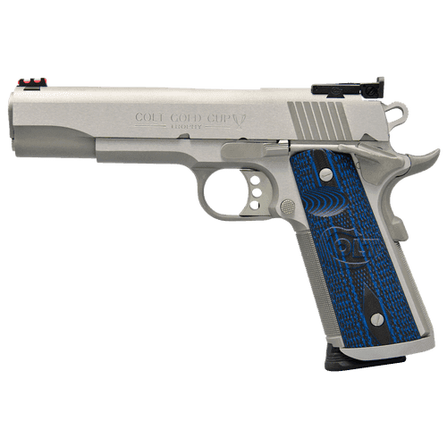 Colt Mfg O5072XE Gold Cup Trophy 9mm Luger 9+1 5" Steel Barrel, Stainless Steel Serrated Slide & Frame w/Beavertail, Competition Blue G10 Grips, Ambidextrous Colt Mfg O5072XE Gold Cup Trophy 9mm Luger 9+1 5" Steel Barrel, Stainless Steel Serrated Slide & Frame w/Beavertail, Competition Blue G10 Grips, Ambidextrous