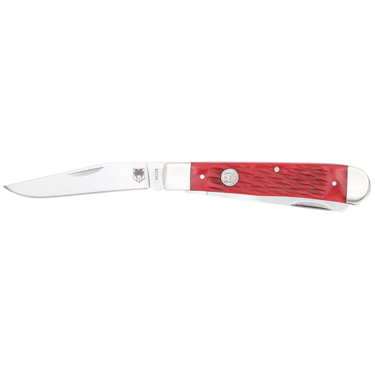 CobraTec Knives Trapper Knife, Folding 2.88" Clip Point 2.94" Spey Plain Polished VG-10 SS Blades 4.44" Red Bone Scales/SS Handle - CTTDTRPREDBN CobraTec Knives Trapper Knife, Folding 2.88" Clip Point 2.94" Spey Plain Polished VG-10 SS Blades 4.44" Red Bone Scales/SS Handle - CTTDTRPREDBN