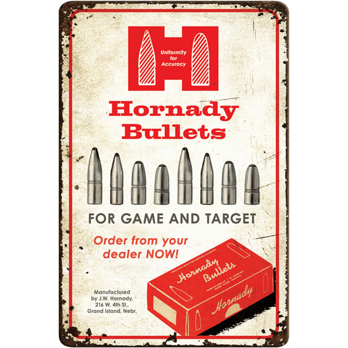 Hornady Rustic Bullets Tin Sign, Red White Aluminum 12" x 18" - 99145 Hornady Rustic Bullets Tin Sign, Red White Aluminum 12" x 18" - 99145