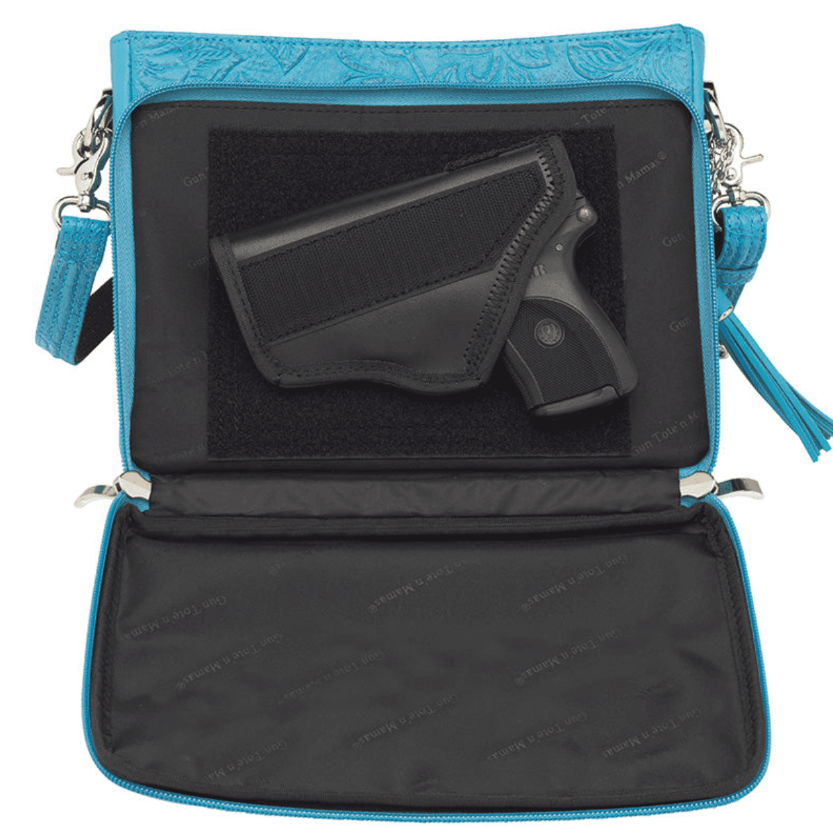 Gun Tote'n Mamas/Kingport Tooled American Cowhide Clutch Purse, Turquoise Leather Debossed USA Cowhide Shoulder Bag - GTM22TLDTBLUE Gun Tote'n Mamas/Kingport Tooled American Cowhide Clutch Purse, Turquoise Leather Debossed USA Cowhide Shoulder Bag - GTM22TLDTBLUE