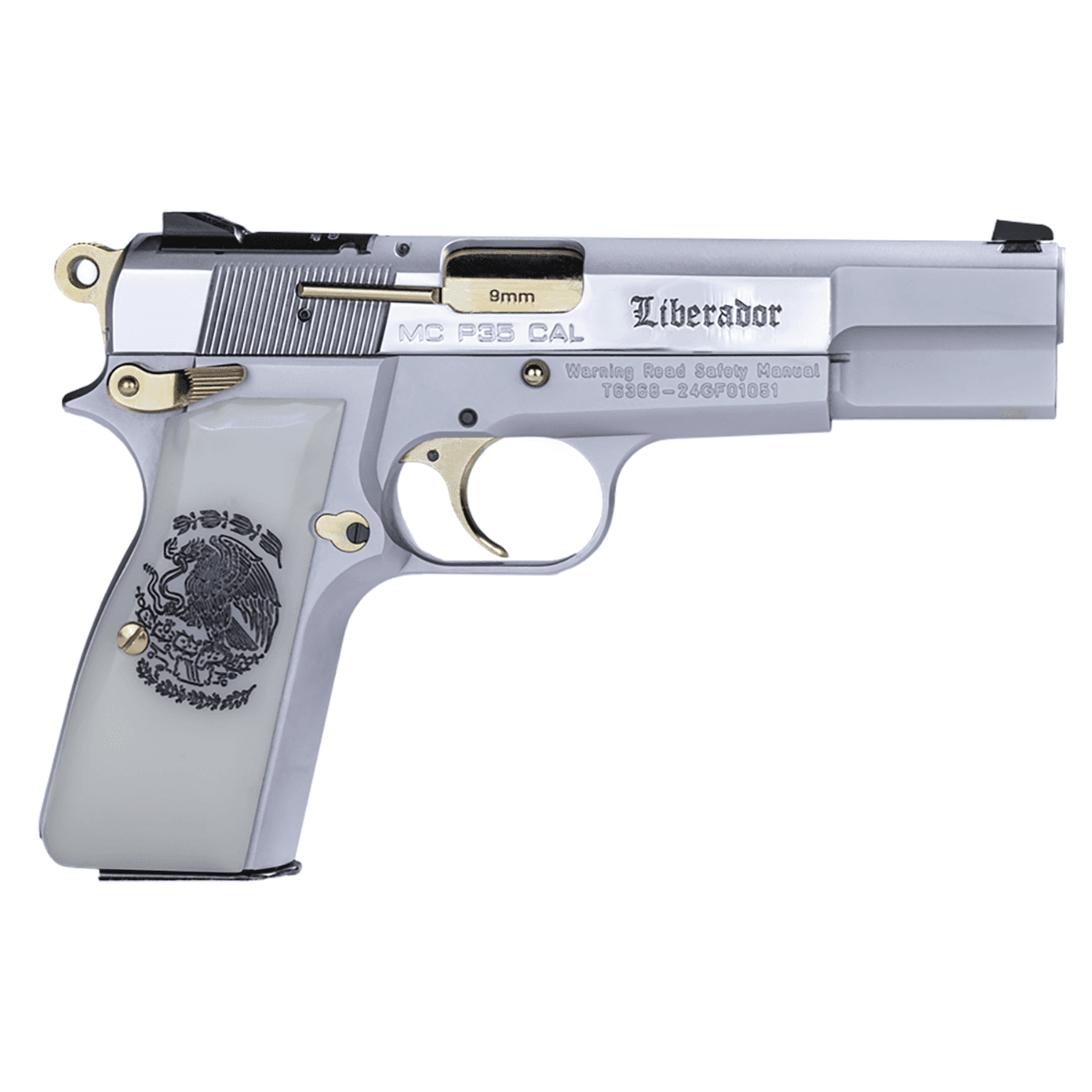 Girsan MCP 35 Liberador *CA Compliant Pistol, 4.87" Steel Barrel Chrome Optic Ready/Serrated Steel Slide Polished Chrome w/Gold Controls Steel Frame w/Beavertail White Pearl w/Mexican Eagle Grip 10+1rd 9mm Luger - 390458 Girsan MCP 35 Liberador *CA Compliant Pistol, 4.87" Steel Barrel Chrome Optic Ready/Serrated Steel Slide Polished Chrome w/Gold Controls Steel Frame w/Beavertail White Pearl w/Mexican Eagle Grip 10+1rd 9mm Luger - 390458