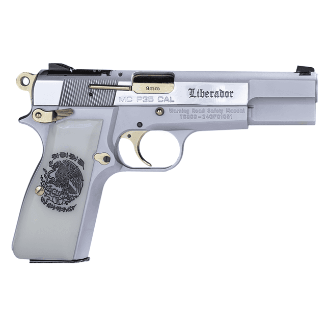 Girsan MCP 35 Liberador *CA Compliant Pistol, 4.87" Steel Barrel Chrome Optic Ready/Serrated Steel Slide Polished Chrome w/Gold Controls Steel Frame w/Beavertail White Pearl w/Mexican Eagle Grip 10+1rd 9mm Luger - 390458 Girsan MCP 35 Liberador *CA Compliant Pistol, 4.87" Steel Barrel Chrome Optic Ready/Serrated Steel Slide Polished Chrome w/Gold Controls Steel Frame w/Beavertail White Pearl w/Mexican Eagle Grip 10+1rd 9mm Luger - 390458